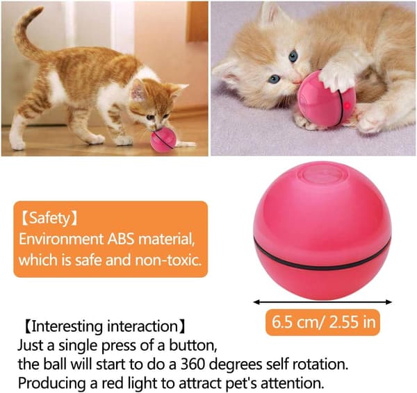 (Rød) Kat Legetøjsbold Interaktiv Automatisk Roterende Rullebold, USB Genopladelig LED Lys Underholdning