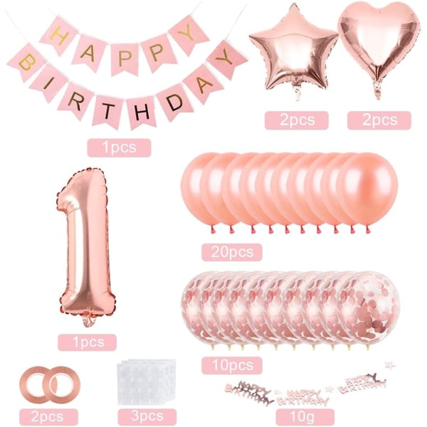 1 födelsedagsflickballong, roséguldballong 1, roséguld 1:a födelse