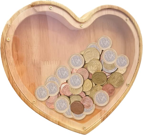 Spargris i tre (hjerteformet) for barn, til å dekorere soverom