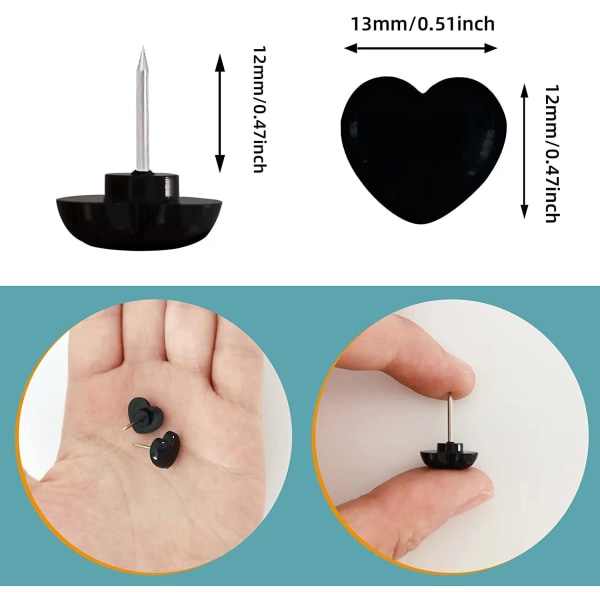 200 stykker plastikfarve sort hjerte knappenålsform hæftebinding C