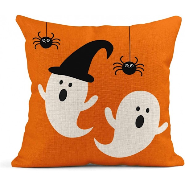 Sæt med 4 45x45 cm Spøgelse Græskar Øjeæble Tre Hængende Edderkopper Glædelig Halloween Sky Orange Dekor Linned Pudebetræk