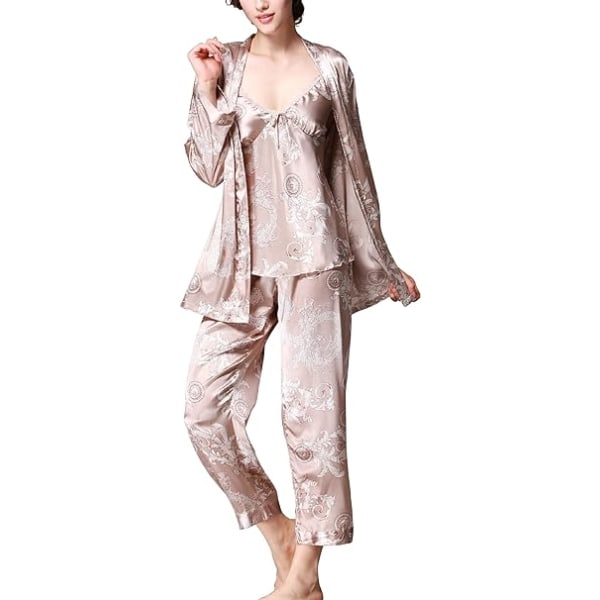 Langærmet silkepyjamas til kvinder Sexy Comfort tredelt（kamel-