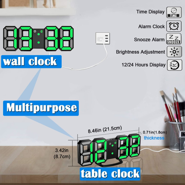 3D LED Digital Väckarklocka, 8,4\" Stor Skärm för Sovrum, med 3