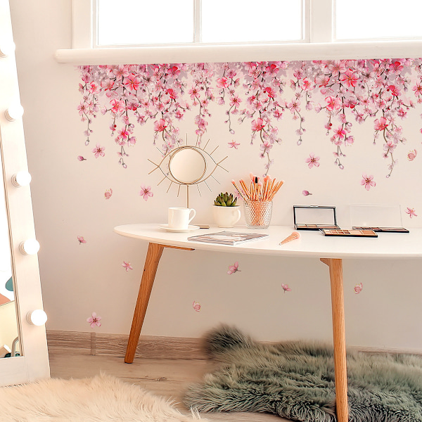 Blomsterträd Gren Väggdekaler Rosa Körsbärsblomma Blommig Väggkonst Dekaler för Vardagsrum