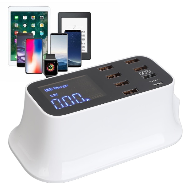 USB Ladestation 8 Porte Opladningshub 40W USB3.0 Type C LED Display Kredsløbsbeskyttelse til telefontablets 100‑240V EU-stik