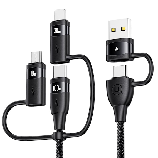 100W USB-C Multi-opladerkabel, USAMS 4FT 5-i-1 5A Hurtig Synkroniseringsopladeradapter Nylonflettet Type-C Kabel til Bærbar/Tablet/Telefon og Mere Black 1.2m