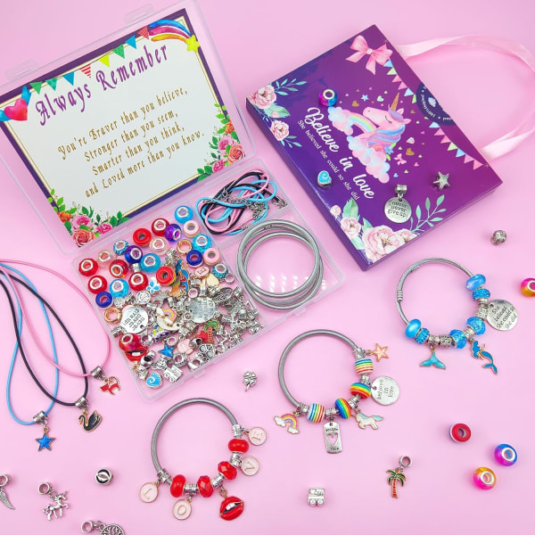 Sett for fremstilling av sjarmarmbånd, smykkefremstilling, perler, enhjørning/havfrue håndverksgavesett for jenter, tenåringer i alderen 5-12