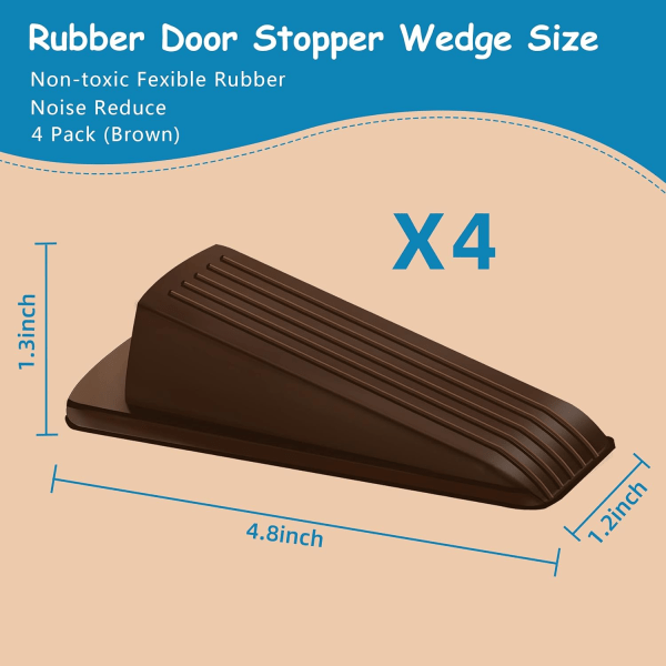 4 pakke premium gummi dørstoppere kile, dørstopper for kraftig teppedør, for bunn av dør på fliser, betong, teppe, tregulv (brun) Brown*4