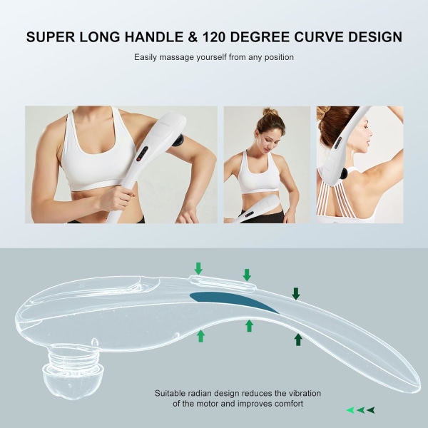 TRADDLÖS handhållen ryggmassageapparat med uppladdningsbart 3200mAh batteri, 5 hastigheter och 5 +2 massagenoder med hårda, medium och 2 mjuka silikonnoder; Massage Cordless Off-white