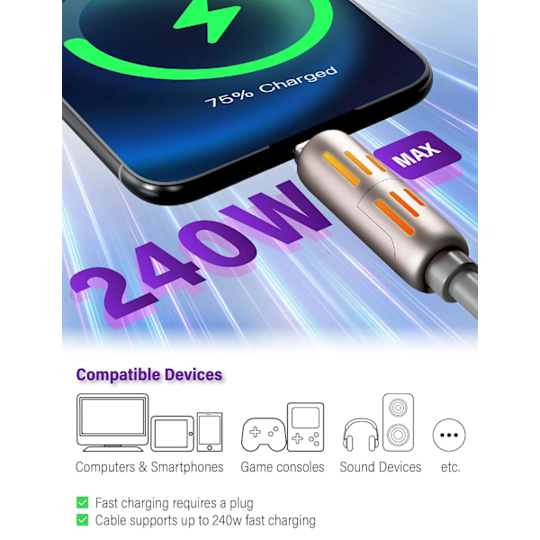 240W 4-i-1 USB-C-kabel, Multiladerkabel med pustelys, PD 5A Multi Rask lading & Datasynkronisering Silikon Kompatibel for iPhone Samsung Bærbar PC Grey 1.5m