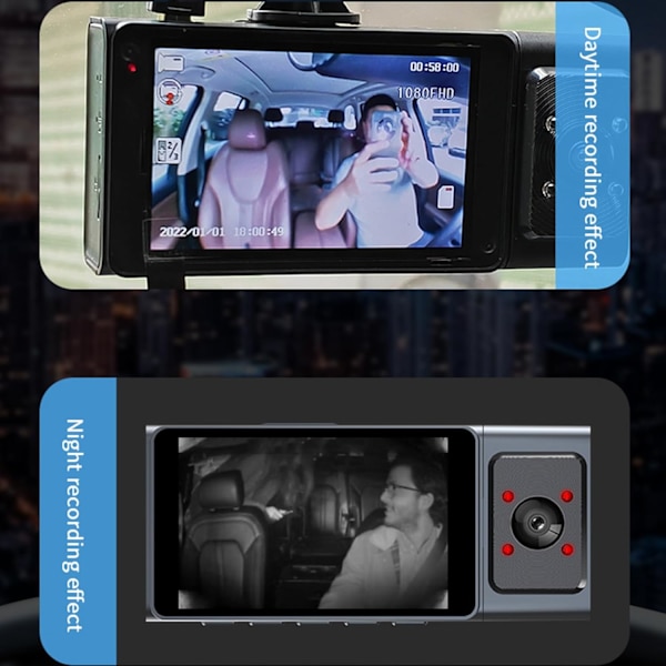 Dashcam - Fram och baksida Inuti 1080P Dashkamera för Bilar, 3-kanals Dashcam Trevägs Bilkamera med Infraröd Nattsyn, Loopinspelning, APP C