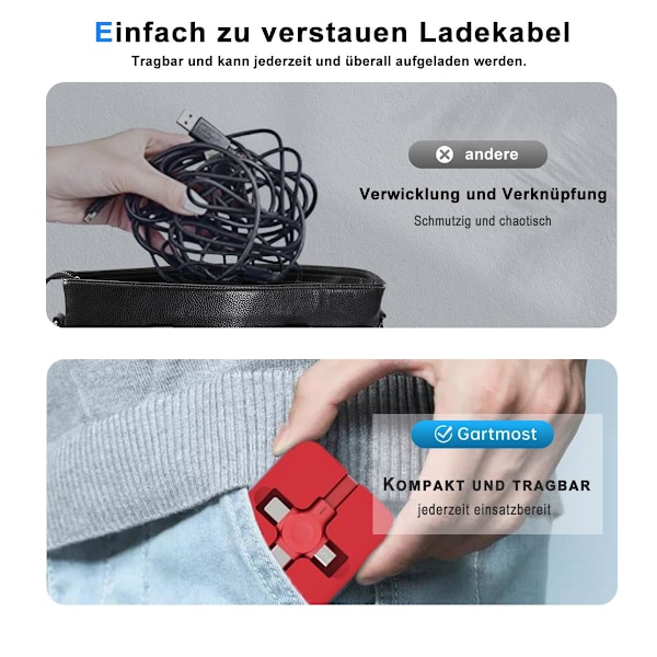 2-pack 3-i-1 Multi Retraktil Laddningskabel, 3-i-1 Laddningskabel Rulle, Multi Retraktil USB-Laddningskabel med Micro USB IP Typ C-kontakter Blue+Red