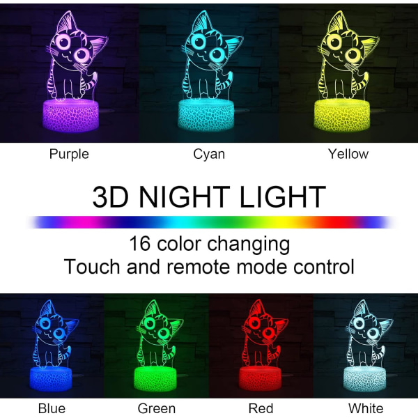 Katt nattlampa för flickor, 3D optisk illusionslampa 16 färger Dimbar Cat LED-lampa med fjärrkontroll och lysande bas, kattpresenter