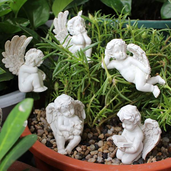 5 stk. Amor-figurer på pind Holdbar Harpiks Miniature Størrelse Bredt Anvendt Hvid Engel Figur til Have Baghave Jord