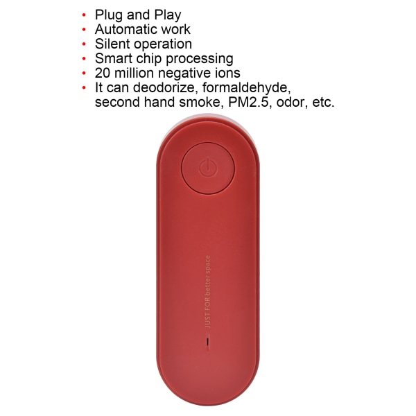 Luftrensere 20 millioner negative ioner Deodorisering Formaldehyd Passiv rygning PM2.5 Lugt til soveværelse AC90-240V EU-stik Red