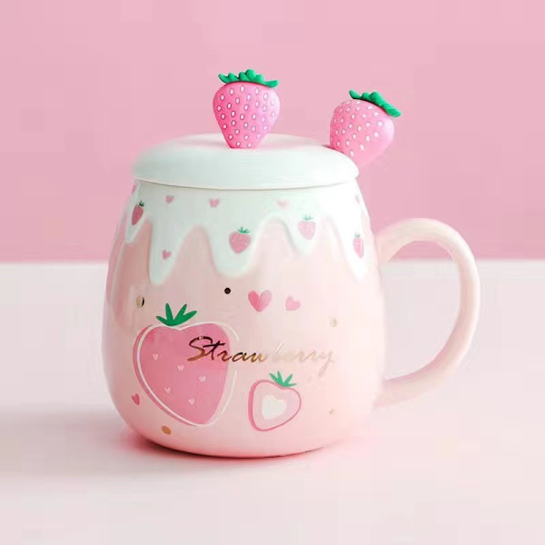 Rosa Mugg, Söt Jordgubbskopp med Lock, Sked, Keramisk Kaffekopp, Kawaii-kopp för Te Mjölk, Kvinnor Flickor Student Koreansk Stil 450ML Jul Födelsedagspresent type A