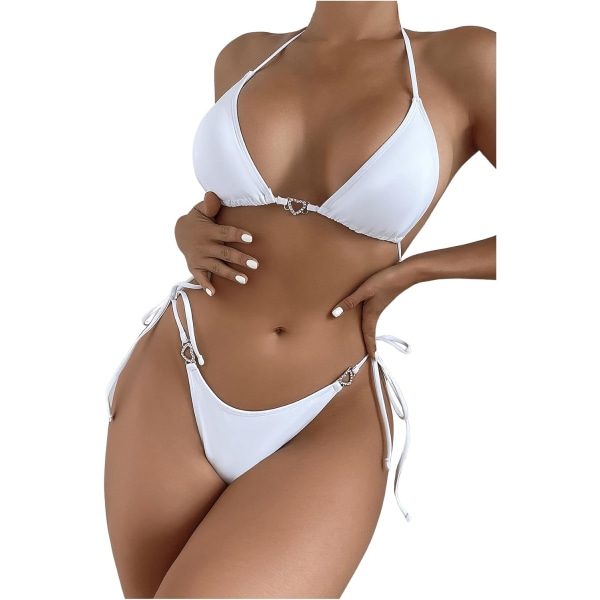 WJSM Dame Halterneck Tie Side Triangle Bikinisett Høy Skjæring 2 Delers Bikini Badetøy Rhinestone White S