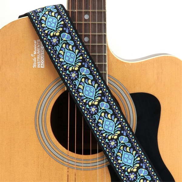 Gitarrrem Jacquard Weave gitarrrem med läderändar - Mjukt justerbart akustiskt gitarrband för elbas, levereras med remknapp, 1 par