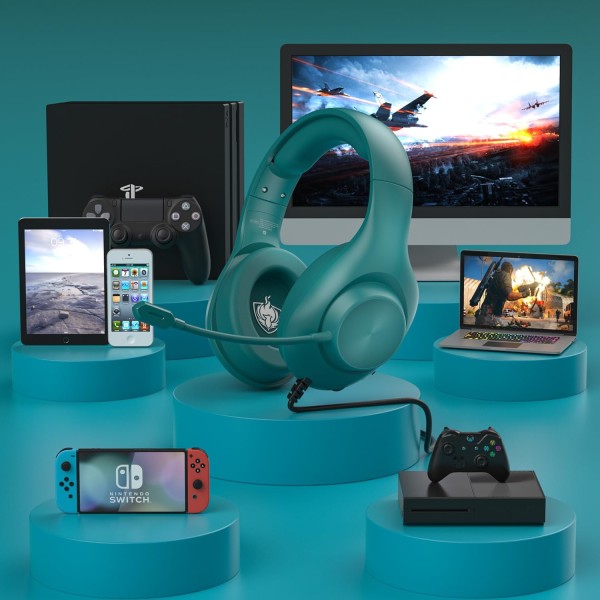 Gaming Headset PS4 Headset, Xbox Headset med 7.1 Surround Sound, Gaming Over Ear hörlurar med brusreducerande flexibla mikrofonminne hörselkåpor, för Blue