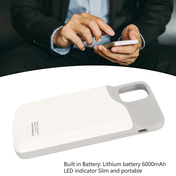 Batterifodral för IOS 11 Pro Max 6,5 tum Utökad Laddning Skyddande Fodral 6000mAh Uppladdningsbar Indikator Smalt Fodral White