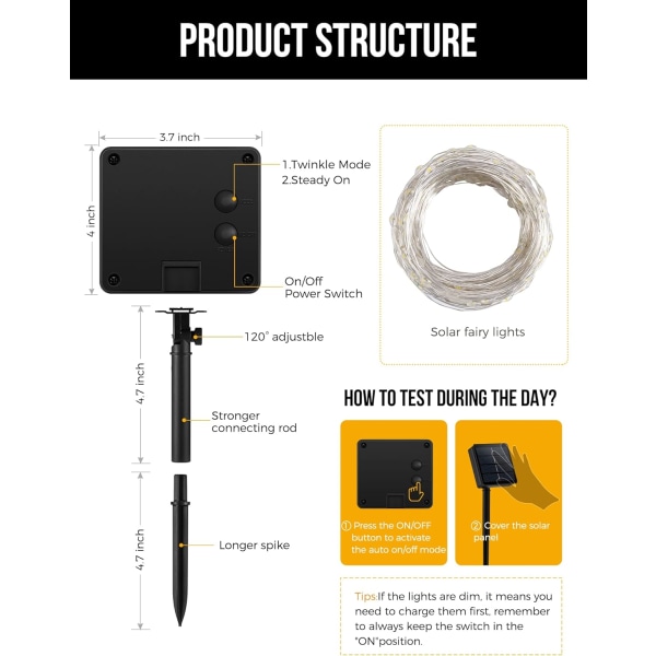 Aurinkopaneelitähtivalot Ulkokäyttöön Vedenkestävät, 2 Pakkausta Kukin 22 Metriä 400 LED-Aurinkopaneelitähtivalot Vilkkuvalla Valotehosteella, Aurinkovoimalla Toimivat Ulkovalot Terassille Warm White2