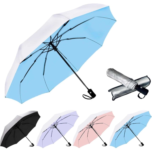 Vindtæt rejseparaply-automatiske paraplyer til regnkompakt foldeparaply, rejseparaply kompakt, små bærbare vindtætte paraplyer Silver/Blue
