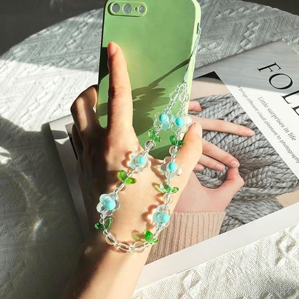2 stk Blomster Telefon Charm Søte Telefon Charms Stropp Perlet Telefon Nøkkelring Perle Telefon Lanyarder Purple&Green