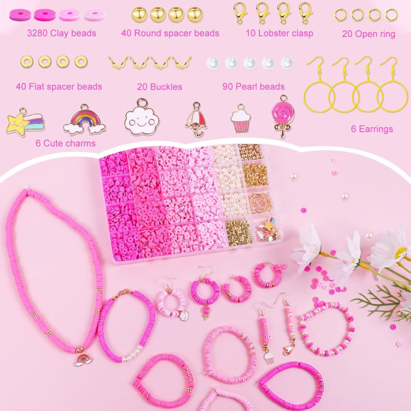3500 STK Pink Clay Beads Kit for armbåndfremstilling, polymer Heishi-perler for smykkefremstilling, vennskapsarmbåndsett for jenter voksne, Spacer Pearl Be Pink