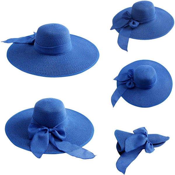 Dame 5,5 tommers stor sløyfe stråhatt stor floppy sammenleggbar rull opp strandlue solhatt UPF 50+ Royal Blue