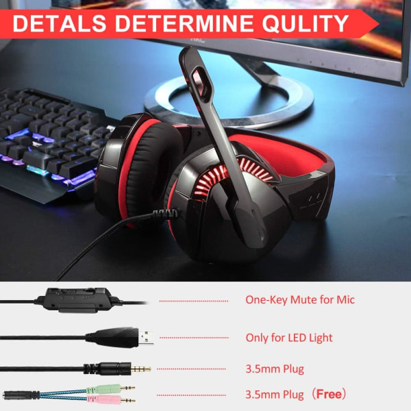 PS4 Gaming Headset med 7.1 Surround Sound, PC Headset med Noise Cancelling Mic & LED-lys, H3 Over Ear-hovedtelefoner til Nintendo Switch, PS5, Xbox On Black Red