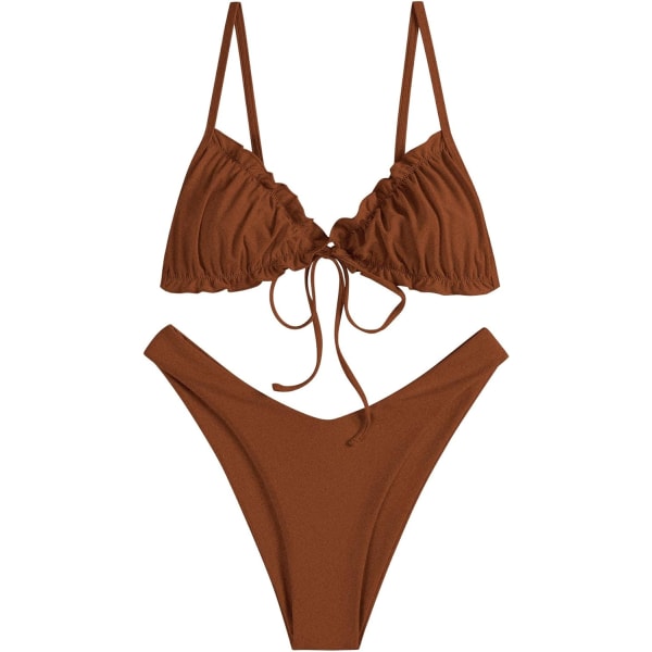 WJSM Damtriangelbikini med blommiga volanger och rosettband B-brown S