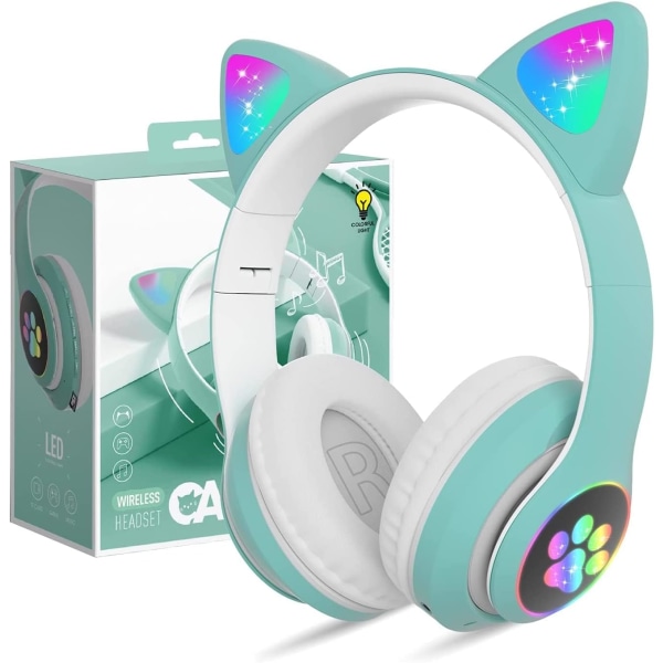 Bluetooth-hodetelefoner for barn, søte katteører med LED-lys, sammenleggbare hodetelefoner, stereo over øret med mikrofon/TF-kort, trådløse hodetelefoner for iPhone Green