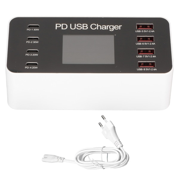 USB-ladestasjon 65W Hub 8 porter USB A USB C PD Rask Multi-lading Dock Kretsbeskyttelse 100‑240V for telefoner nettbrett EU-plugg