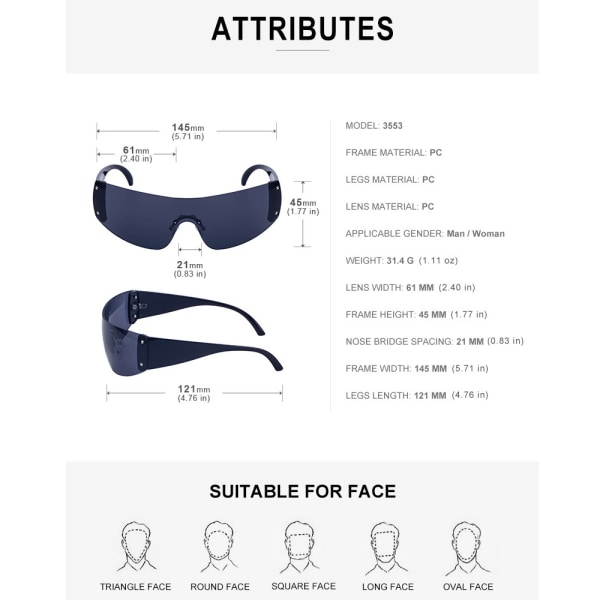 Trendikäs reunuksettomat Y2K-aurinkolasit naisille, miehille, suojalasit, aurinkolasit, ylisuuret futuristiset muodikkaat aurinkolasit UV400-sävyt