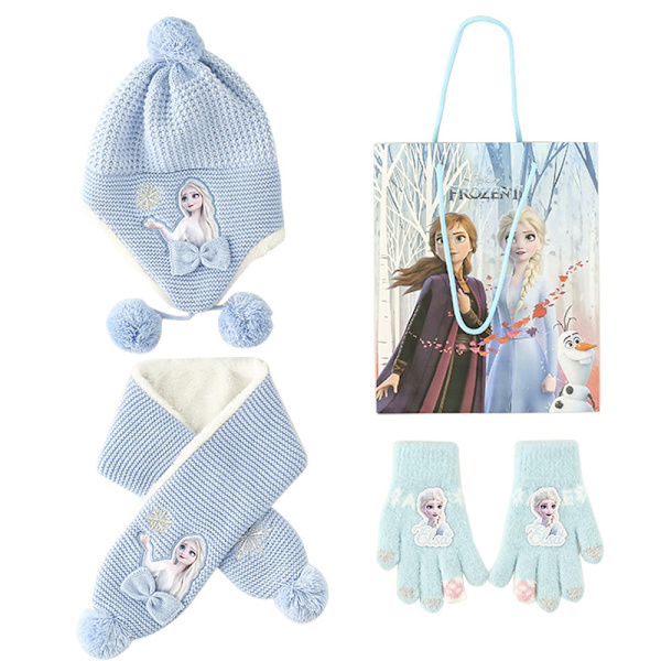 Frozen Vintermössa, Vantar och Halsduk för Flickor, 3-delars Set, Plysch Varm Utomhuskomfort Inkluderar Presentask, Överraskningsjulklappar och Födelsedagspresenter Blue