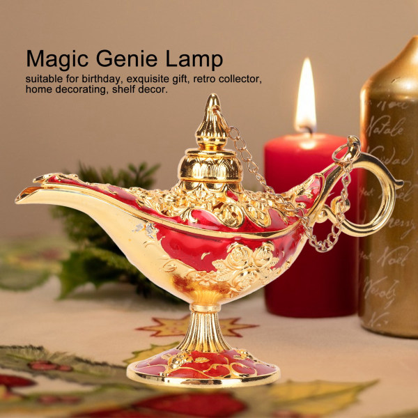 Magic Genie Lamp Utsökt färgäkta iögonfallande legering präglade Genie-lampa för kontor i sovrummet Gold+Red 4.7in