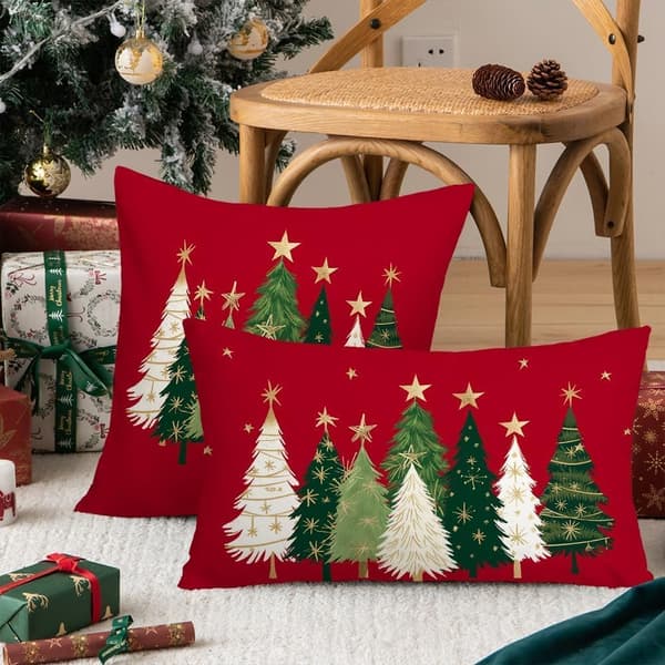 12x20 tommer julepudebetræk Akvareltræ og stjerner design - Rød julebondegårds vinterindretning til sofa Red