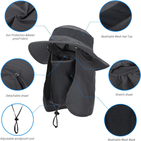 Solhatt för utomhus med UPF 50-skydd, vattentät fiskehatt, ansiktsöverdrag, sommarhatt med nackklaff Dark Gray