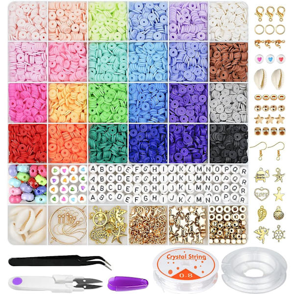 6000 Leireperler Armbåndssett, 24 Farger Flat Preppy Perler for Vennskapsarmbånd, Polymerleireperler med Smykker for Smykkeproduksjon, Håndverk
