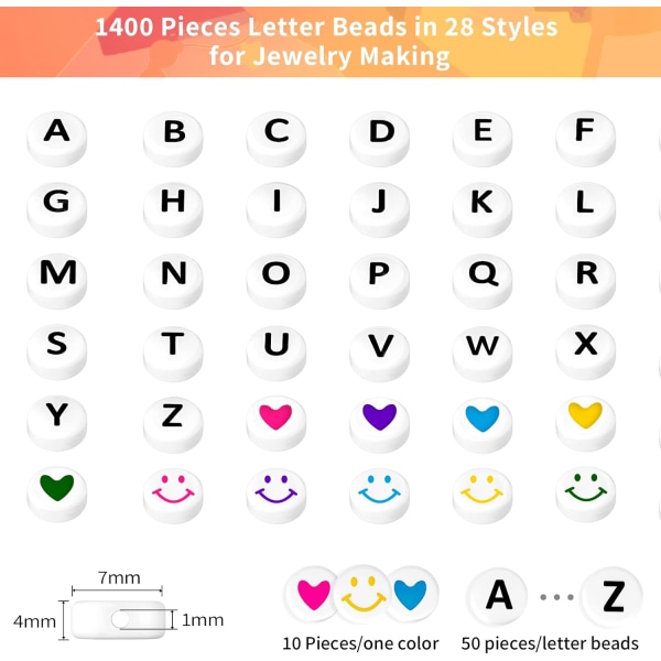 1400 stk. Bogstavperler, 28 Stilarter Venskab Armbånd Assorterede Alfabetiske Perler Preppy Perler Smykkefremstillingskit med Perleæske til Teen Pigegaver Alder Black Letter White Bead