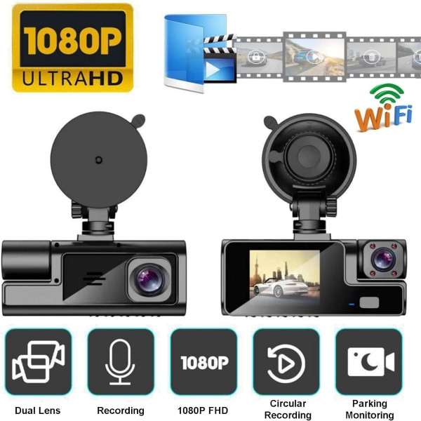 Dash Cam med APP, Uppgradera Front och Inside WiFi Dash Cam 1080P Full HD Mini Dash Cam med Night Vision, Loop Recording, G-Sensor, Motion Detection,