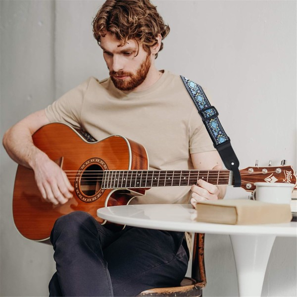 Gitarrrem Jacquard Weave gitarrrem med läderändar - Mjukt justerbart akustiskt gitarrband för elbas, levereras med remknapp, 1 par
