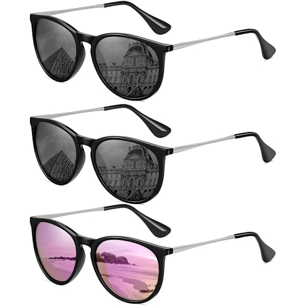 Solbriller Dame Herre Vintage Polariserte Retro Solbriller Dame Solbriller Runde Klassisk UV-beskyttelse 2Black & Pink