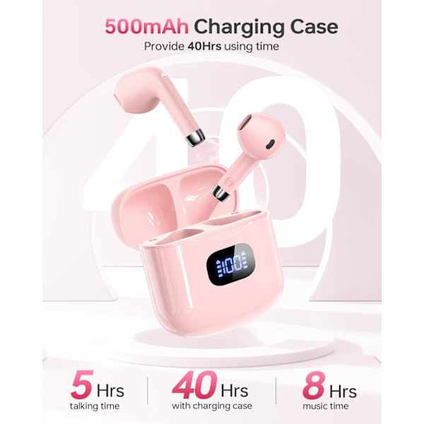 Langattomat kuulokkeet, Bluetooth 5.3 kuulokkeet 40 tunnin soittoaika latauskotelolla, IPX5 vedenkestävä stereokuulokkeet mikrofonilla iOS:lle ja Androidille Pink