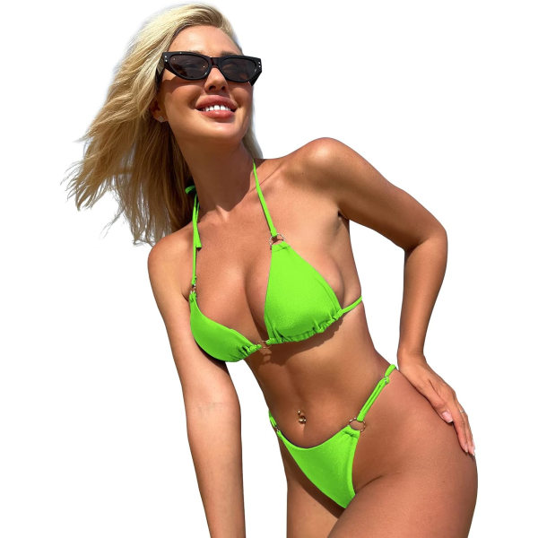 WJSMSexy bikinier til kvinder 2-delt bikini spaghetti strop badedragter ensfarvet badebadetøj trekantet badedragt Fluorescent Green L