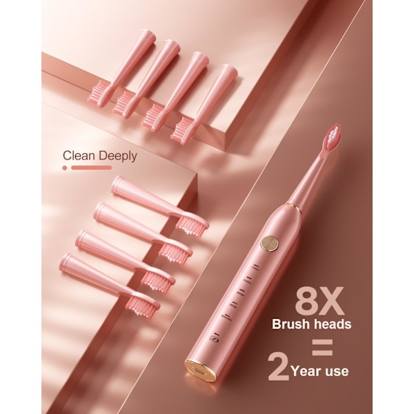 Sonic Elektrisk Tandbørste til Voksne med 8 Børster, IPX7 Vandafvisende Sonicare 38000VPM, Hurtig Opladning med Intelligent Tidspåmindelse 5 Valgfrie Tilstande Pink