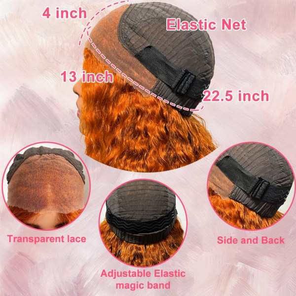 Wear and Go Glueless Ginger Orange Peruker Mänskligt Hår Förplucked Förklippt 13x4 HD Spetslugn Peruker Mänskligt Hår Deep Wave Spetsfront Peruker Mänskligt Hår 26inc 26 Inch