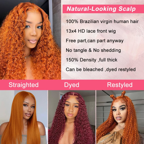 Wear and Go Glueless Ginger Orange Paryk Menneskehår Forudplukket Forudskåret 13x4 HD Lace Closure Paryk Menneskehår Deep Wave Lace Front Paryk Menneskehår 26inc 26 Inch