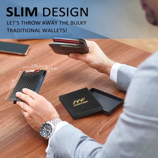 Pengeclips-punge til mænd - Minimalistisk slank herrepung til frontlomme - Bifold læderpung med RFID-blokeringsbeskyttelse ID-vindue og kort Sl
