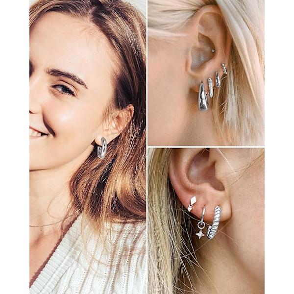 5 st Sliver Hoop Örhängen Set för Kvinnor Sliverpläterade Chunky Hoops Twisted Huggie Hoop Örhängen för Present Lättviktiga